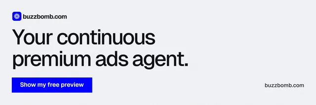 X header for BuzzBomb: "Your continuous premium ads agent." Swiss style, poster layout, light palette in white, blue.