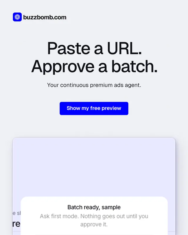 Instagram portrait post for BuzzBomb: "Paste a URL. Approve a batch." Data card style, centred layout, light palette in white, blue.