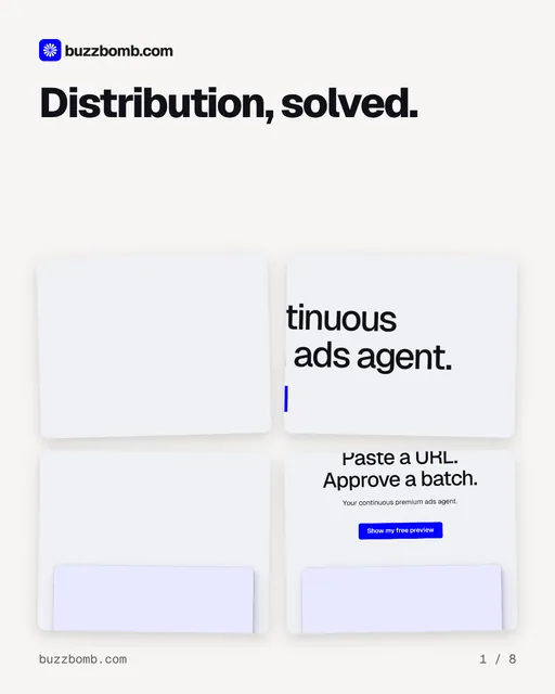 Carousel for BuzzBomb: "Distribution, solved.". Collection carousel, 8 slides, light palette.