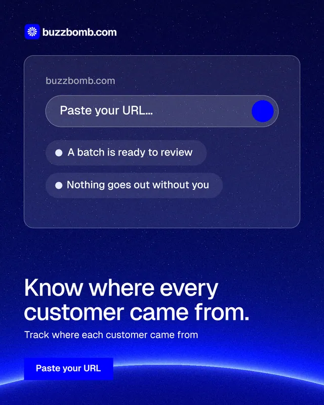 Instagram portrait post for BuzzBomb: "Know where every customer came from." Swiss style, bottom layout, dark palette in blue.