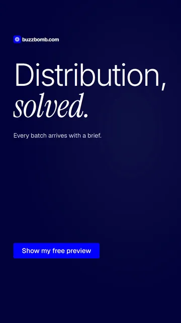 Video for BuzzBomb: "Distribution, solved.". Doc motion loop, 8.0 s, dark palette.