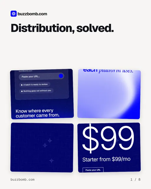 Carousel for BuzzBomb: "Distribution, solved.". Collection carousel, 8 slides, light palette.