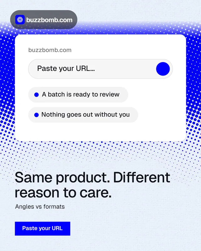 Instagram portrait post for BuzzBomb: "Same product. Different reason to care." Swiss style, bottom layout, light palette in white, blue.