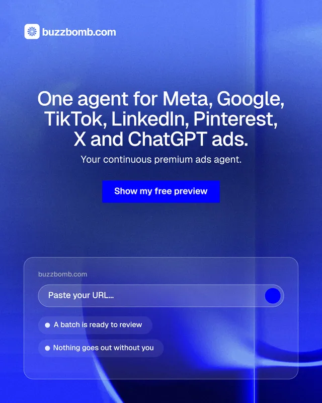 Instagram portrait post for BuzzBomb: "One agent for Meta, Google, TikTok, LinkedIn, Pinterest, X and ChatGPT ads." Swiss style, centred layout, dark palette in blue.