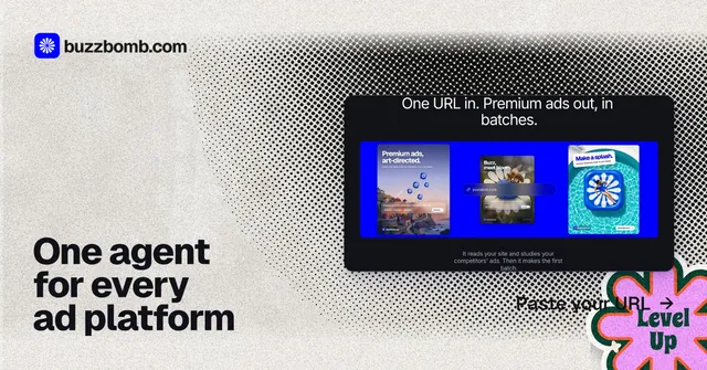 Social ad for BuzzBomb: "One agent for every ad platform". Ink sticker style, image led layout, light palette in blue, grey, white.