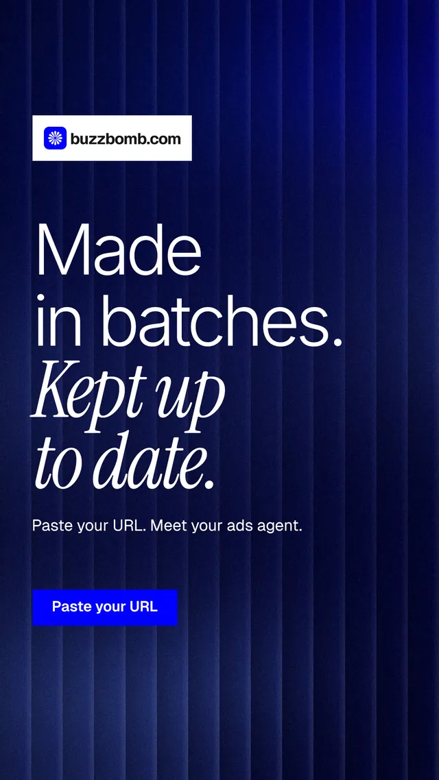 Instagram story for BuzzBomb: "Made in batches. Kept up to date." Swiss style, announce layout, dark palette in black, blue, grey.