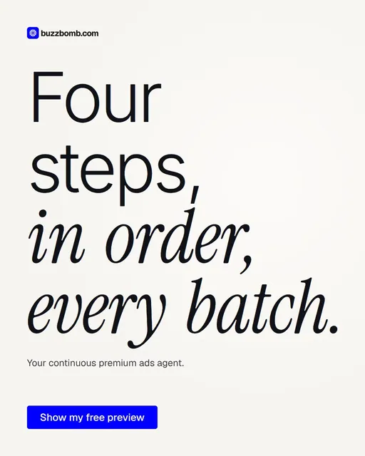 Video for BuzzBomb: "Four steps, in order, every batch.". Doc motion loop, 6.0 s, light palette.