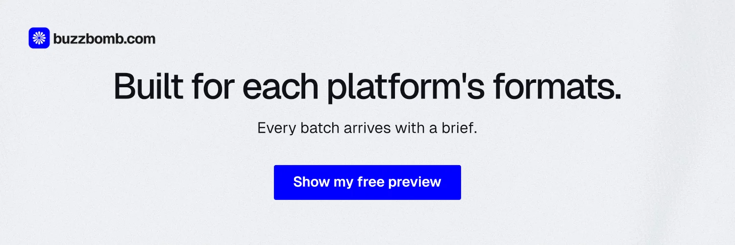 X header for BuzzBomb: "Built for each platform's formats." Data card style, centred layout, light palette in white, blue.