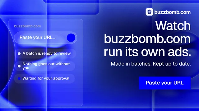 Landscape graphic for BuzzBomb: "Watch buzzbomb.com run its own ads." Swiss style, right layout, dark palette in blue.