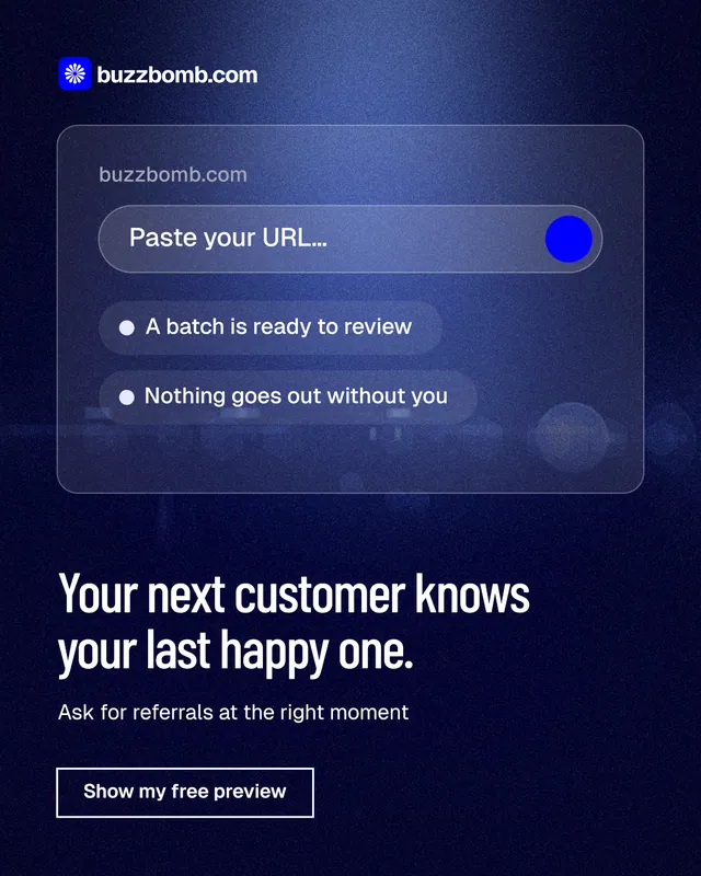 Instagram portrait post for BuzzBomb: "Your next customer knows your last happy one." Dark deco style, bottom layout, dark palette in blue, black.