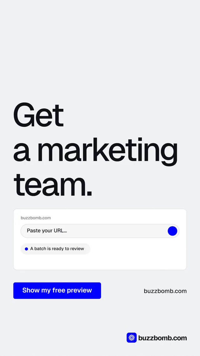 Instagram story for BuzzBomb: "Get a marketing team." Data card style, poster layout, light palette in white, blue.