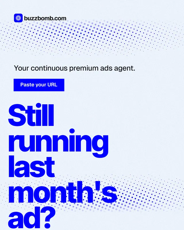 Instagram portrait post for BuzzBomb: "Still running last month's ad?" Swiss style, oversized layout, light palette in white, blue.