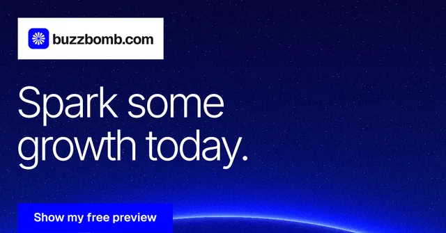 Social ad for BuzzBomb: "Spark some growth today." Swiss style, announce layout, dark palette in blue.
