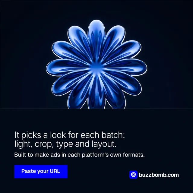 Instagram post for BuzzBomb: "It picks a look for each batch: light, crop, type and layout." Swiss style, bottom layout, dark palette in black, blue.