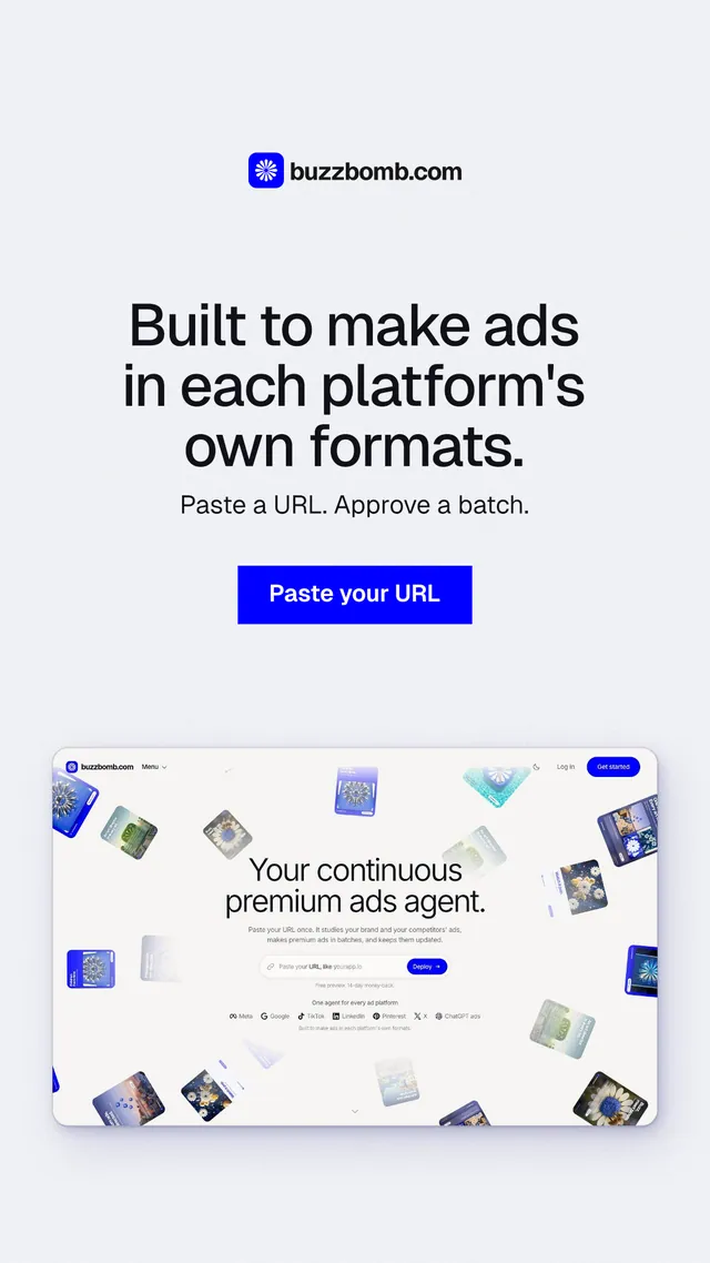 Instagram story for BuzzBomb: "Built to make ads in each platform's own formats." Swiss style, centred layout, light palette in white, blue.