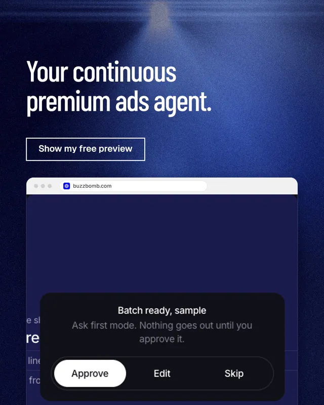 Instagram portrait post for BuzzBomb: "Your continuous premium ads agent." Dark deco style, browser layout, dark palette in blue, black.