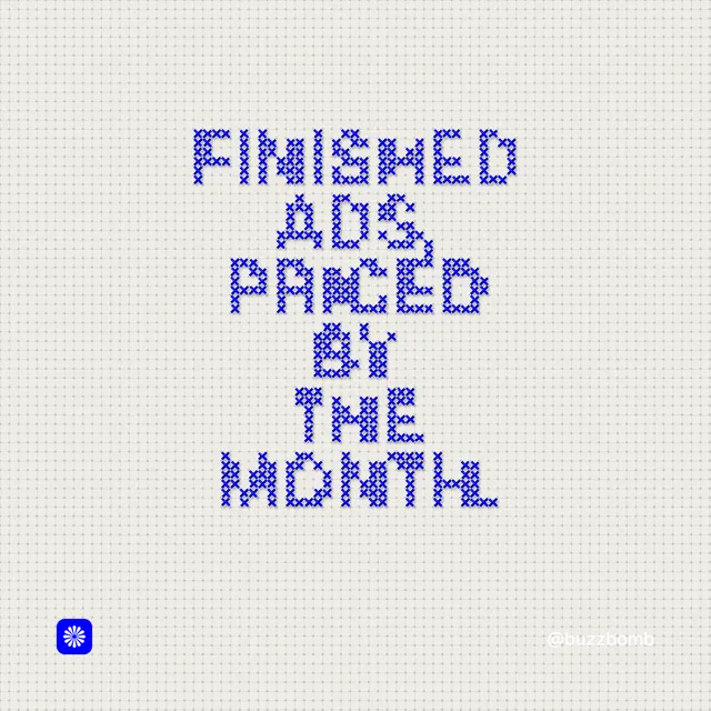 Instagram post for BuzzBomb: "Finished ads, priced by the month." Stitch style, technique:raster type fx layout, light palette in white, blue.