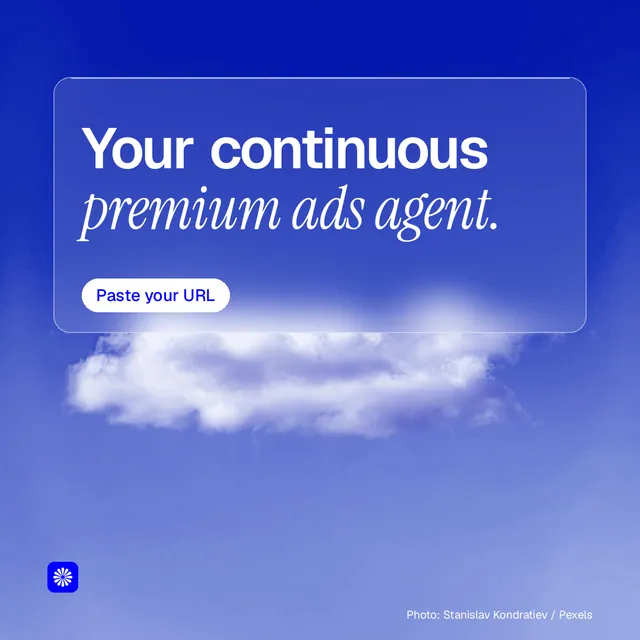 Instagram post for BuzzBomb: "Your continuous premium ads agent." Glass style, technique:pexels ingredient layout, light palette in blue.