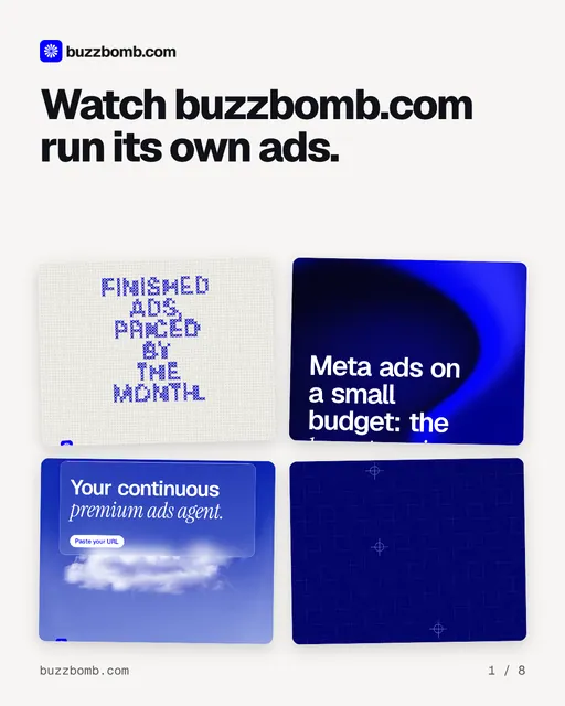 Carousel for BuzzBomb: "Watch buzzbomb.com run its own ads.". Collection carousel, 8 slides, light palette.