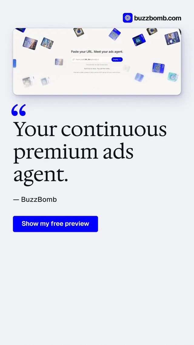 Instagram story for BuzzBomb: "Your continuous premium ads agent." Data card style, quote layout, light palette in white, blue.