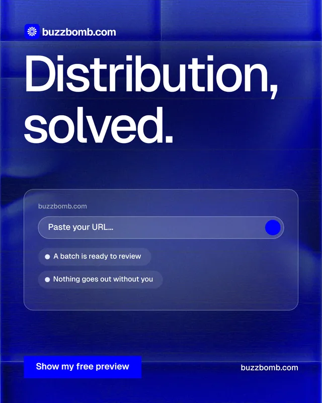 Instagram portrait post for BuzzBomb: "Distribution, solved." Swiss style, poster layout, dark palette in blue.