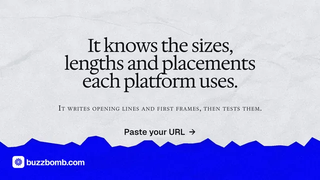 Landscape graphic for BuzzBomb: "It knows the sizes, lengths and placements each platform uses." Paper trio style, smallcaps layout, light palette in white, blue, grey.