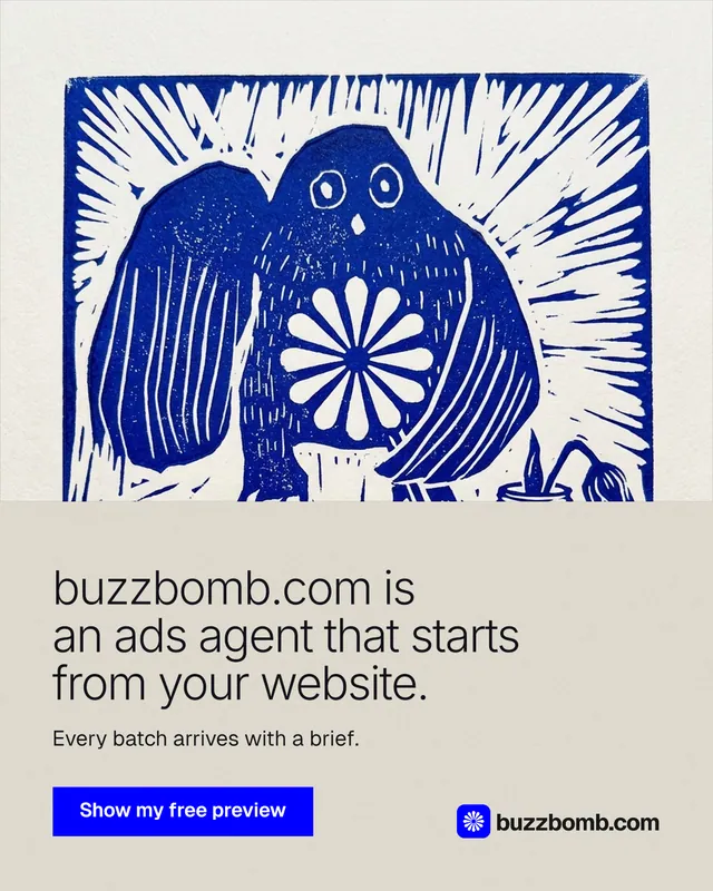 Instagram portrait post for BuzzBomb: "buzzbomb.com is an ads agent that starts from your website." Swiss style, bottom layout, light palette in yellow, blue, grey.