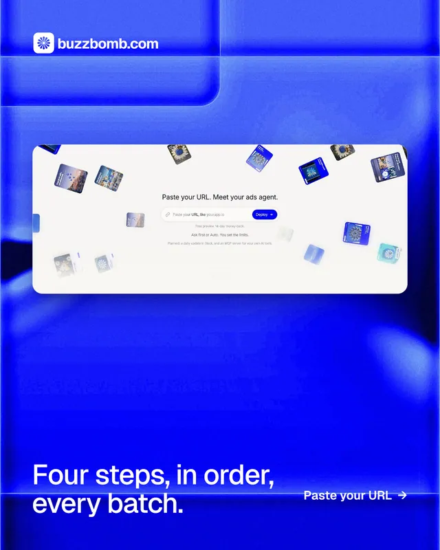 Instagram portrait post for BuzzBomb: "Four steps, in order, every batch." Swiss style, image led layout, dark palette in blue, white.