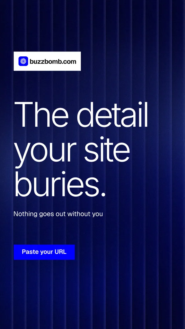 Instagram story for BuzzBomb: "The detail your site buries." Swiss style, announce layout, dark palette in black, blue, grey.