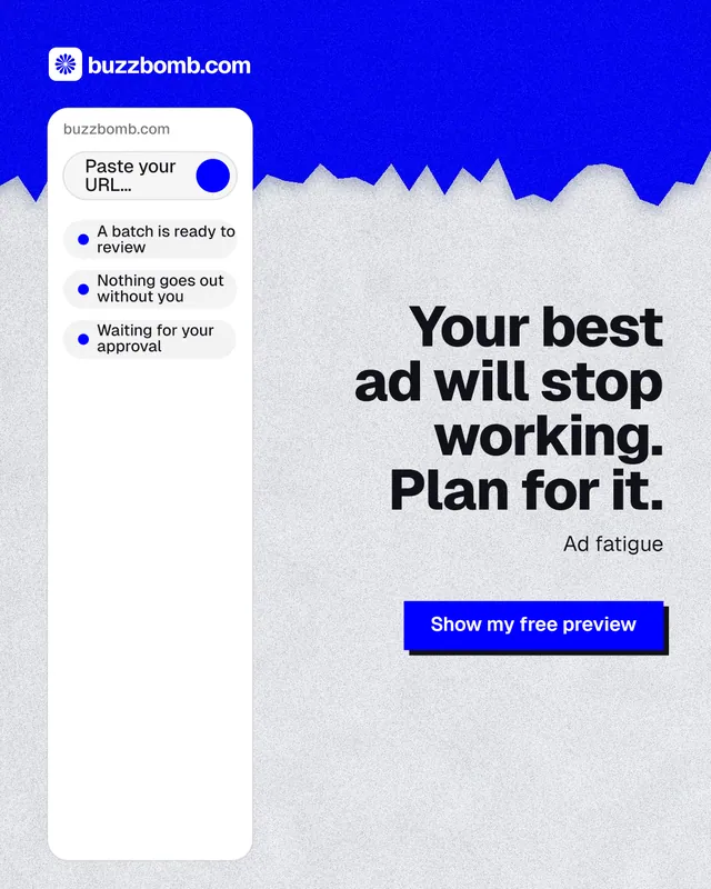 Instagram portrait post for BuzzBomb: "Your best ad will stop working. Plan for it." Paper trio style, right layout, light palette in white, blue.