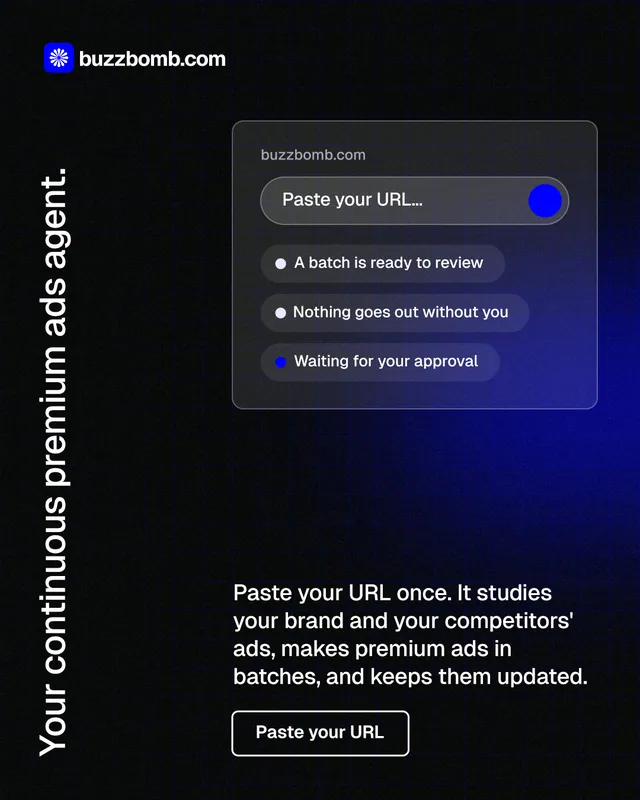 Instagram portrait post for BuzzBomb: "Your continuous premium ads agent." Phosphor atlas style, vertical layout, dark palette in black, blue, grey.
