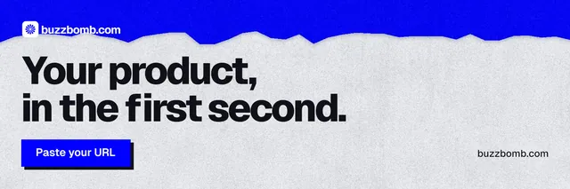 X header for BuzzBomb: "Your product, in the first second." Paper trio style, poster layout, light palette in white, blue, grey.