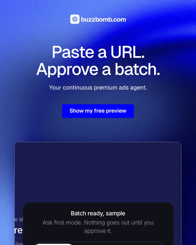 Instagram portrait post for BuzzBomb: "Paste a URL. Approve a batch." Swiss style, centred layout, dark palette in blue, black.