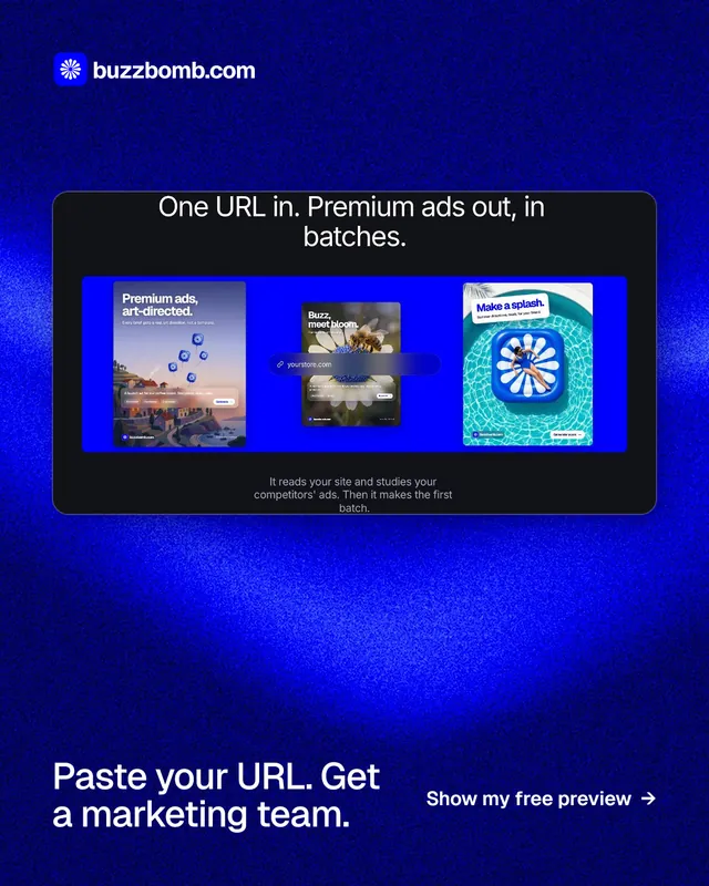 Instagram portrait post for BuzzBomb: "Paste your URL. Get a marketing team." Swiss style, image led layout, dark palette in blue.