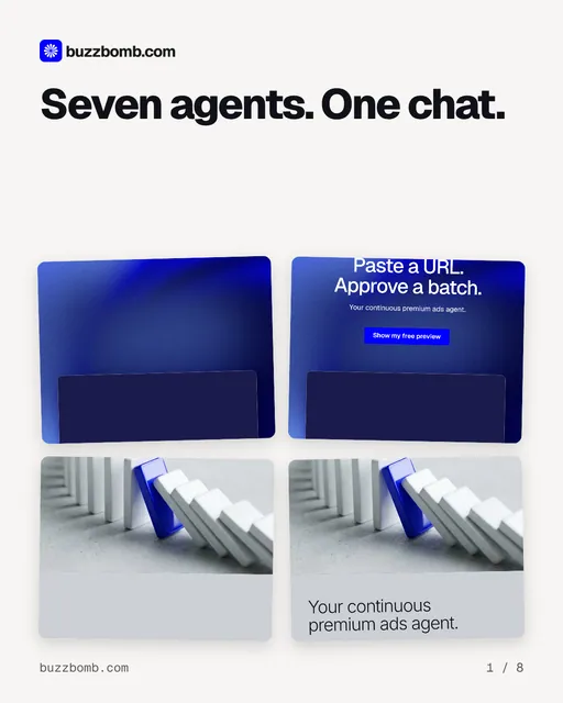 Carousel for BuzzBomb: "Seven agents. One chat.". Collection carousel, 8 slides, light palette.