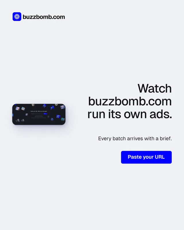 Instagram portrait post for BuzzBomb: "Watch buzzbomb.com run its own ads." Data card style, right layout, light palette in white, blue.