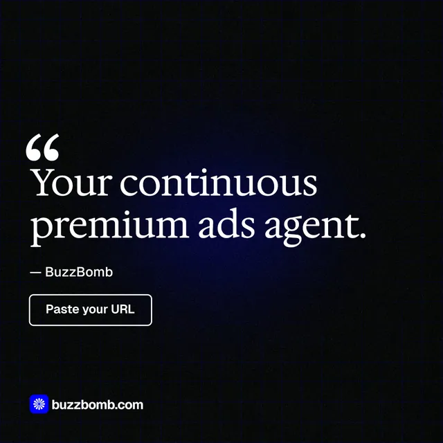 Instagram post for BuzzBomb: "Your continuous premium ads agent." Phosphor atlas style, quote layout, dark palette in black.