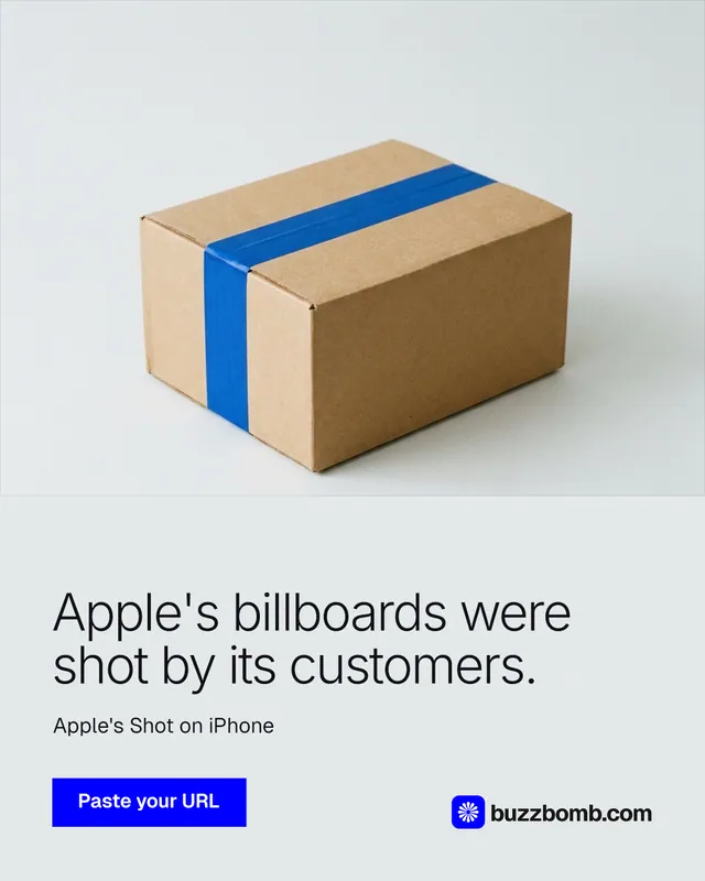 Instagram portrait post for BuzzBomb: "Apple's billboards were shot by its customers." Swiss style, bottom layout, light palette in white, grey.