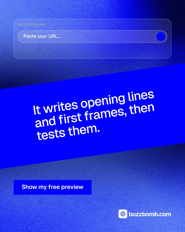 Instagram portrait post for BuzzBomb: "It writes opening lines and first frames, then tests them." Swiss style, diagonal layout, dark palette in blue.