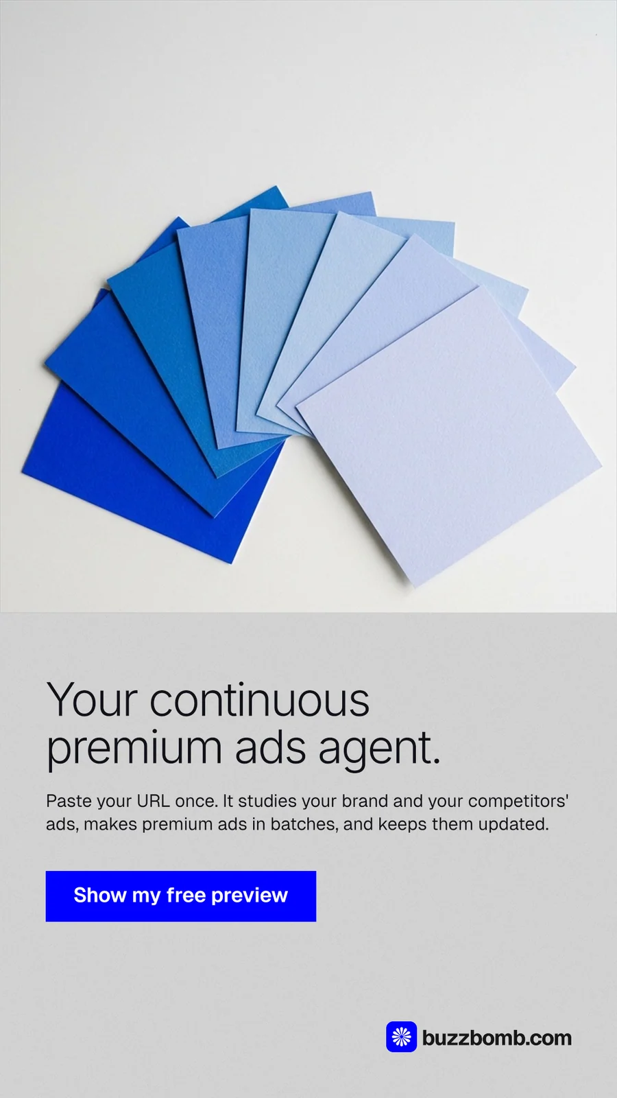 Instagram story for BuzzBomb: "Your continuous premium ads agent." Swiss style, bottom layout, light palette in white, blue.