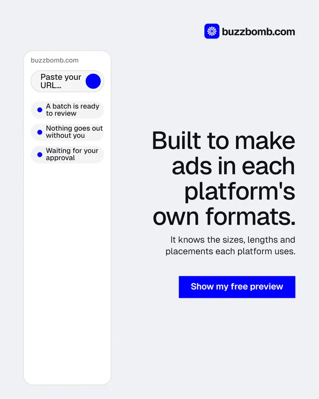 Instagram portrait post for BuzzBomb: "Built to make ads in each platform's own formats." Swiss style, right layout, light palette in white, blue.