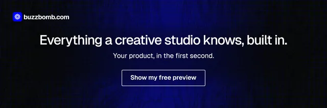 X header for BuzzBomb: "Everything a creative studio knows, built in." Phosphor atlas style, centred layout, dark palette in black, blue.