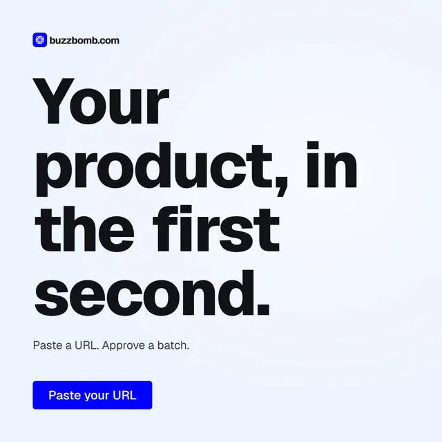 Video for BuzzBomb: "Your product, in the first second.". Doc motion loop, 8.0 s, light palette.