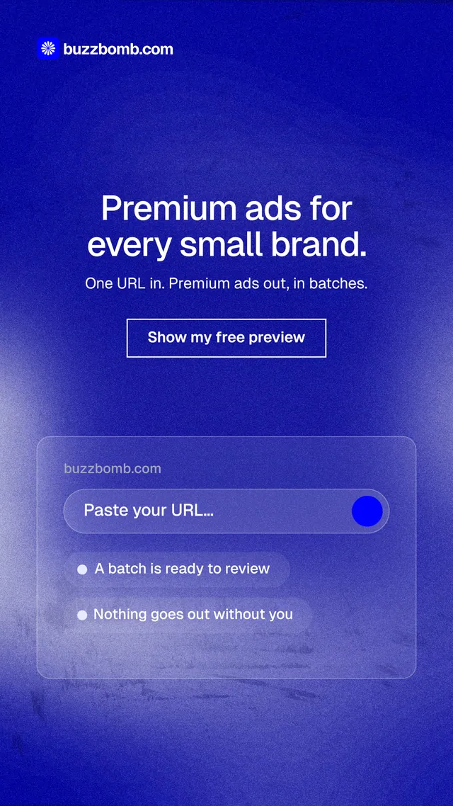 Instagram story for BuzzBomb: "Premium ads for every small brand." Cyanotype style, centred layout, dark palette in blue.