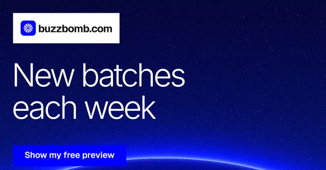 Social ad for BuzzBomb: "New batches each week". Swiss style, announce layout, dark palette in blue.