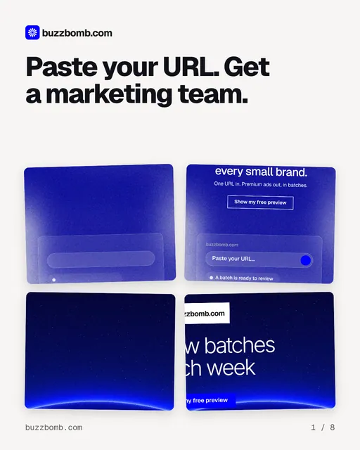 Carousel for BuzzBomb: "Paste your URL. Get a marketing team.". Collection carousel, 8 slides, light palette.