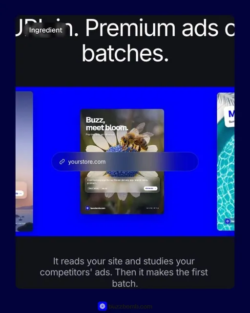 Video for BuzzBomb: "Paste your URL. Get a marketing team.". Before after wipe, 6.0 s, dark palette.