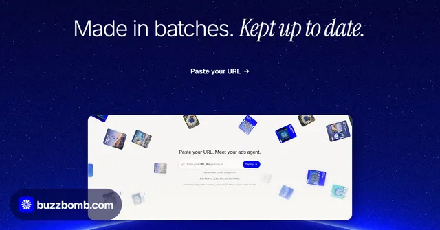 Social ad for BuzzBomb: "Made in batches. Kept up to date." Swiss style, ogui layout, dark palette in white, blue.