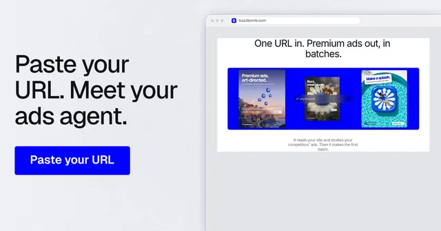 Social ad for BuzzBomb: "Paste your URL. Meet your ads agent." Data card style, browser layout, light palette in white, blue.