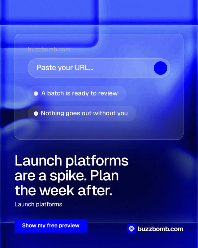 Instagram portrait post for BuzzBomb: "Launch platforms are a spike. Plan the week after." Swiss style, bottom layout, dark palette in blue.